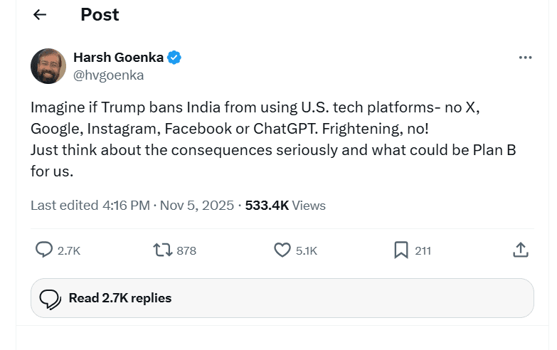 భారత్‌లో గూగుల్, ఇన్‌స్టా, ఫేస్‌బుక్, ఎక్స్‌ బ్యాన్ అవుతున్నాయా? – హర్ష్ గోయెంకా ఆసక్తికర పోస్ట్ వైరల్!