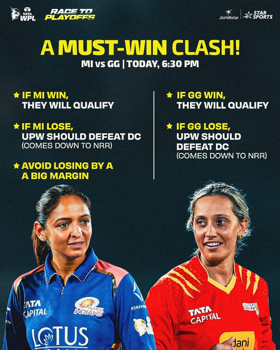 WPL ప్లేఆఫ్స్ రేస్లో హోరాహోరీ పోరు.. MI vs GG నేడు